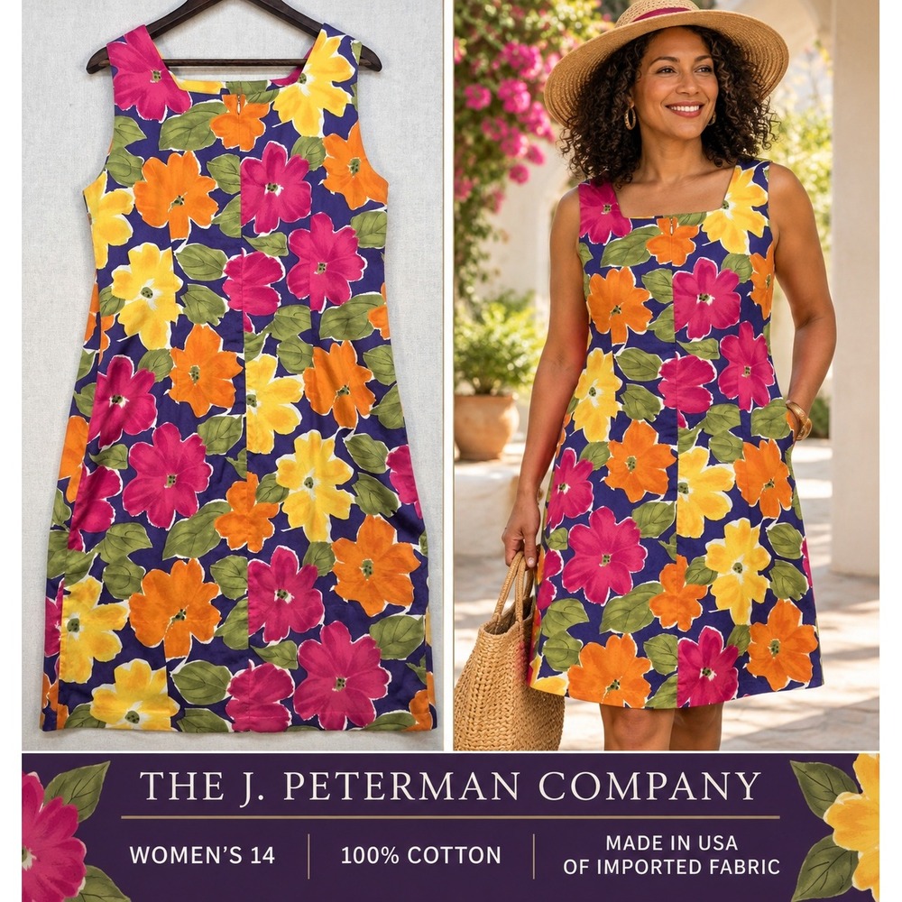 VTG J Peterman Floral Shift Dress 14 Cotton Purple Pink Yellow Mod Sleeveless